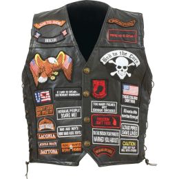 Diamond Plate Rock Design Genuine Buffalo Leather Biker Vest with 42 Patches