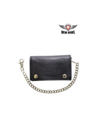 Black Naked Cowhide Leather Trifold Chain Wallet W/ Snaps