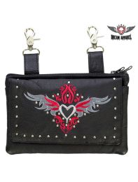 All Naked Cowhide Leather Belt Bag with Red/Gray Heart and Studs