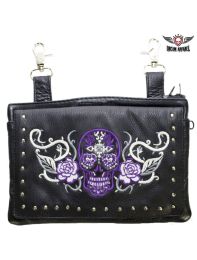 Purple & White Sugar Skull Naked Cowhide Leather Gun Holster Belt Bag with Studs