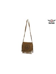 Womens Genuine Brown Suede Pocketbook With Peace Sign