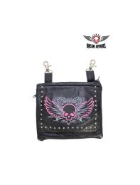 Naked Cowhide Leather Studded Pink & Gray Winged Skull Belt Bag W/ Gun Pocket