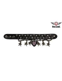 Black Wristband / Watchband With Hanging Skulls