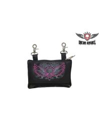 All Naked Cowhide Leather Belt Bag with Hot Pink Skull and Wings