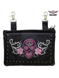 Pink & White Sugar Skull Naked Cowhide Leather Gun Holster Belt Bag with Studs