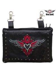 Studded Naked Cowhide Leather Gun Holster Belt Bag with Red & Silver Heart