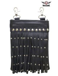 Black Leather Belt Bag with Studs and Fringe