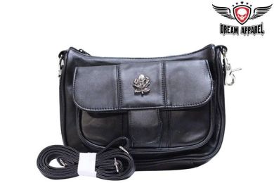 Leather Shoulder Bag with Blackened Metal Rose